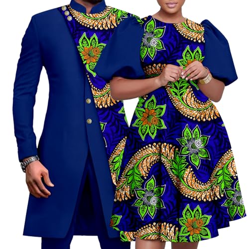 African Couple Matching Clothes Dashiki Women Print Dresses Bazin Riche Men 2 Pieces Suit Jacket and Pant Sets