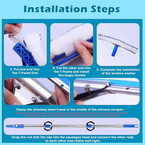 Image of Streak-Free Window Cleaner Kit with 47 inch Telescopic Titanium Pole, 3-in-1 Multi-Surface Tool for Glass /Floor /Car Wash & Home Cleaning (Professional Grade)