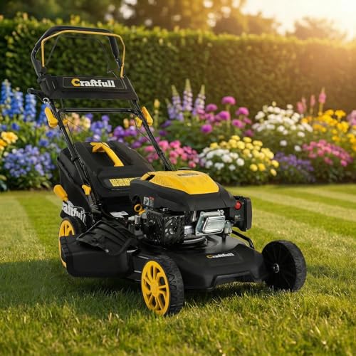 Craftfull Tondeuse Thermique CR-196-30E | 4,4 KW 6 CV | Moteur OHV 190 cm³ | Démarrage électrique – Largeur de Coupe 53 cm, réglable en 7 Positions...