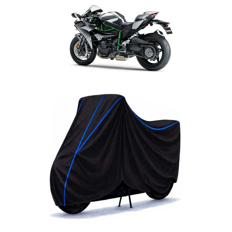 Image of Ninja H2 BS6 Bike Cover Water Resistant Universal Motorcycle Rain | Heavy Duty UV Protection, Dust, Scratch Indoor Outdoor All Weather with Black Blue Piping Elastic