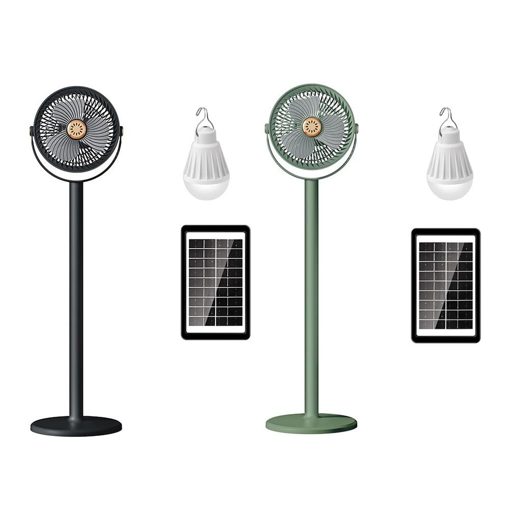 EasyByMall Ventilatore solare portatile da terra con regolazione verticale a 360°, ventilatore da pavimento a batteria ricaricabile a 5 velocità con luce LED per campeggio, casa, ufficio all'aperto