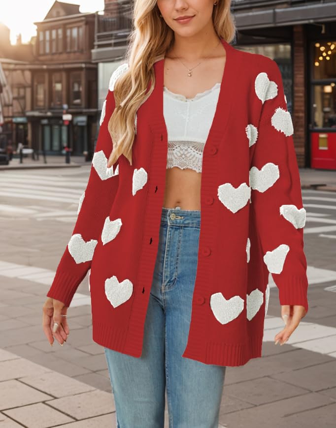 Image of Women Love Heart Graphic Oversized Sweaters Valentine Cute Cardigan Open Front Button Kawaii Preppy Aesthetic Clothes