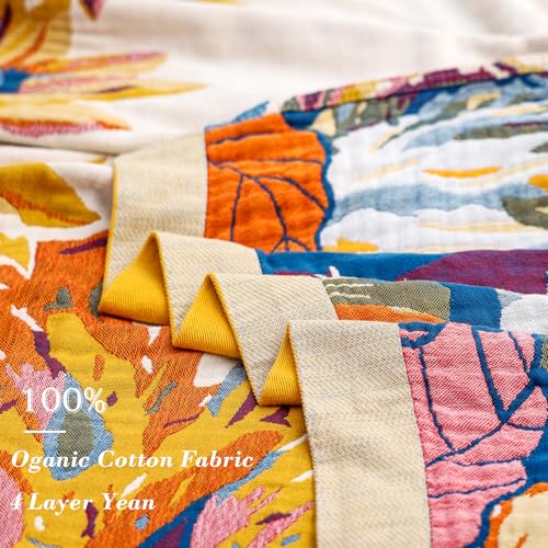 Boho Throw Blanket, 100% Organic Cotton Breathable Ultra Soft Bed Cover 50" x 60" Throw - All Season Rustic Floral Farmhouse Decor Blanket for Sofa Couch Chair and Gift-Beige