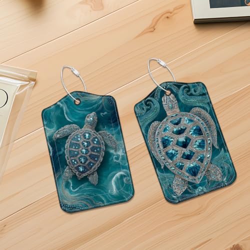 Image of Jeweled Sea Turtle Luggage Tags 2 Pack, PU Leather Privacy