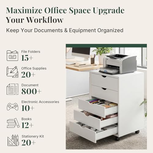 Image of Mobile File Cabinet Under Desk, 5 Drawer Storage Organization with Wheels, Vertical Filing Chest Rolling Wood Small Desk Printer Stand for Home Office, 15.75 inch D x 18.74 inch W x 25.39 inch H
