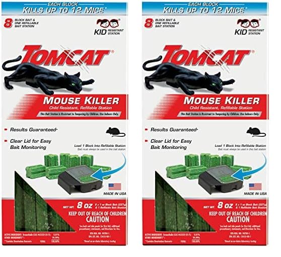Tomcat Mouse Killer Child Resistant, Refillable Station with Clear Lid for Easy Monitoring, 1 Bait Station and 8 Refills (Pack of 2)