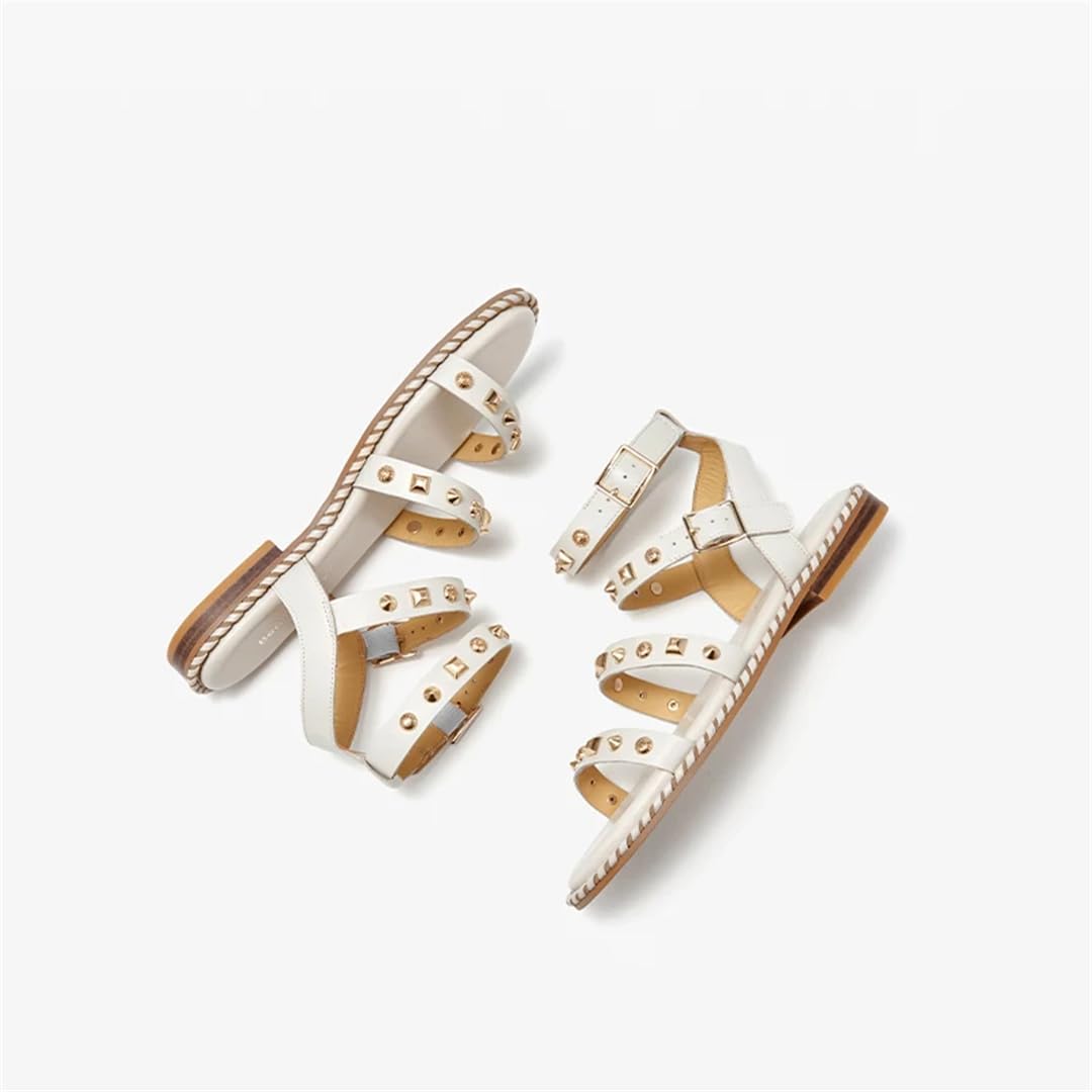 Sandalias básicas de piel de vaca con correa de tobillo y tacón plano para mujer, estilo informal, con hebilla, café, 38.5 EU