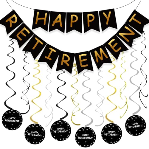 Retirement Party Decorations for Men Women Black Gold Happy Retirement Banner Hanging Swirls Kit for Retire Party Decor Supplies