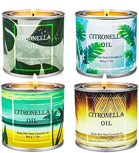 Citronella Candles Outdoor Indoor, 4 Pack 7 Oz Scented Jar Candles Set Aromatherapy Long Lasting Soy Wax for Summer Home Garden Patio Balcony
