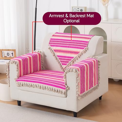 Image of HOKIPO 'Artisan Boho Series' Sofa Cover Mat with Tassel | 450 GSM Cotton Acrylic Jacquard for 1 Seater Sofa, Fuchsia Pink (IN-901-A5*S)