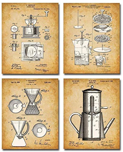 Original Coffee Patent Art Prints - Set of Four Photos (8x10) Unframed - Great Restaurant, Cafe, Coffee Shop, Kitchen and Coffee Bar Decor and Gift Under $15 for Coffee Lovers