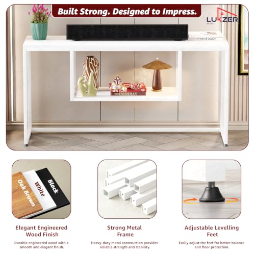 Image of Lukzer TV Unit Stand for TVs up to 43 Inch Engineered Wood with Metal (MTU-002 /White & White) Open Shelf Storage Console for Living Room, Set Top Box, WiFi Router, Speakers & Decor (110 x 56 x 30 cm)