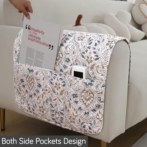 Image of HOKIPO Printed Waterproof + Anti-Slip + Quick Dry Sofa Armrest Cover with Pockets (2Pcs), Damask White (AR-5237-P9-L*2)