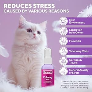 RELAXIVET Calming Pheromone Spray & Scratch Repellent for Cats - Reduces Scratching Furniture, Pee - During Travel, Fireworks, Thunder, Vet Zone - Helps to Relief Stress, Fighting, Hiding RELAXIVET Calming Pheromone Spray Scratch Repellent for Cats Reduces Scratching Furniture Pee During Travel Fireworks Thunder Vet Zone Helps to Relief Stress Fighting Hiding