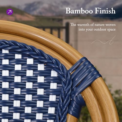 Image of PURPLE LEAF Patio Dining Chair Set of 1 Outdoor French Aluminium Frame in Champagne Finish with Navy Blue & White Woven Rattan for Indoor Kitchen Deck Bistros Cafe Restaurant