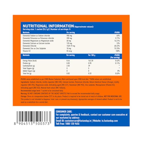 Image of Fast&Up Reload Salts | High Sodium Electrolyte Drink Mix | 900mg Sodium | Zero Sugar, Zero Calories| 5 Electrolytes - Potassium, Magnesium, Calcium & Chloride | Instant Hydration | Vegan, No Preservatives | (5 Sachets, Orange)