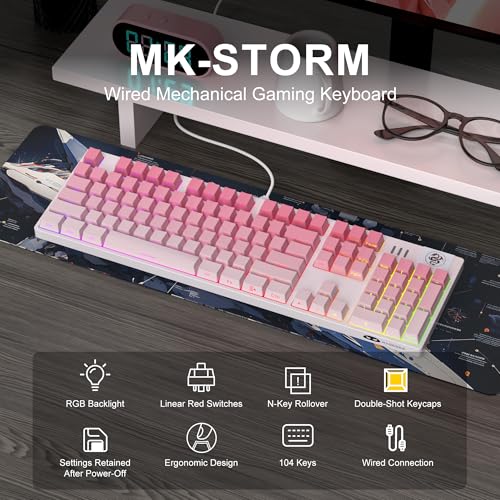 Image of MageGee MK-Storm Mechanical Gaming Keyboard, 104 Keys Wired Light Up Keyboard with Linear Red Switch, RGB Backlit, Side-Printed Keycaps, N-Key Rollover for Laptop, Desktop, PC (Gradient Pink)