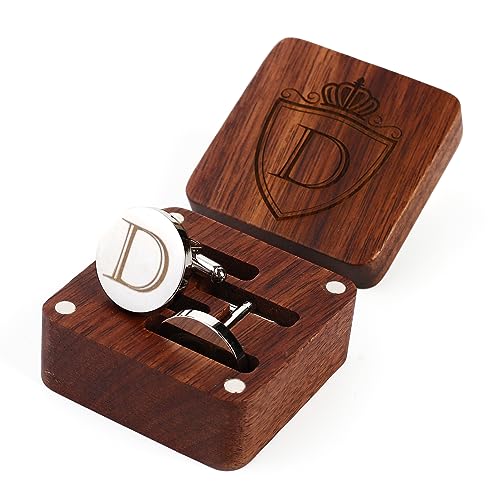 Image of Mens Initial Silver Cufflinks A-Z Alphabet Letter Steel Cuff Links with Engraved Walnut Wood Box Groom Groomsman Wedding Set