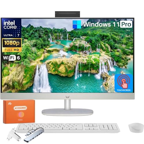 Image of HP All in One Desktop Computer 27 Inch, Intel Ultra 7-155U(Up to 4.8 GHz), 27 inch FHD IPS Touchscreen, 64 GB DDR5, 4 TB SSD, Adjustable Angle, Wi-Fi 6, Ethernet, Windows 11 Pro, W /Accessories
