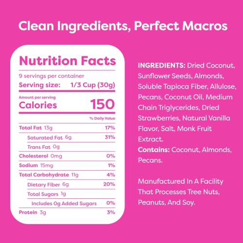 Kiss My Keto Sugar Free Granola, Strawberry Vanilla 1-Pack – Curb Cravings with Few Net Carbs – Allulose Sweetened, Resealable & Gluten-Free Crunchy Clusters – Grain Free Granola Great With Yogurt or Milk - Thumbnail 2