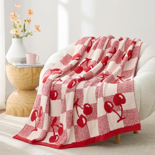 Snuggle Sac Red Cherry Throw Blanket for Couch Microfiber Fluffy Warm Cozy Fuzzy Reversible Checkered Blankets for Sofa Chair Bed 50x60 inches