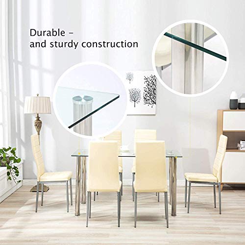 Mecor 7-Piece Glass Kitchen Dining Table Set, Glass Top Table with 6 Faux Leather Chairs Breakfast Furniture(Beige)