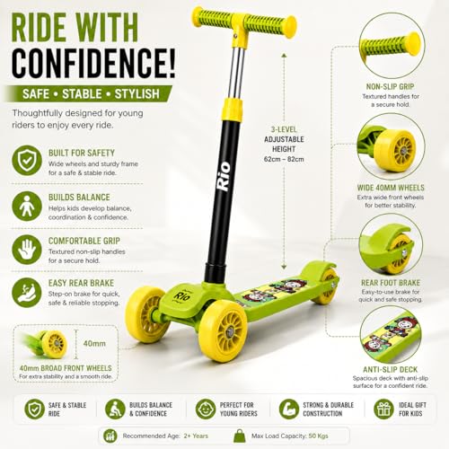 Image of MiniExplorer Rio Kids Kick Scooter for Boys & Girls 3-12 Years - Green | Adjustable Height Foldable Scooter with Rear Brake & Anti-Slip Deck | 3 Wheel /2 Wheel Outdoor Scooter for Kids