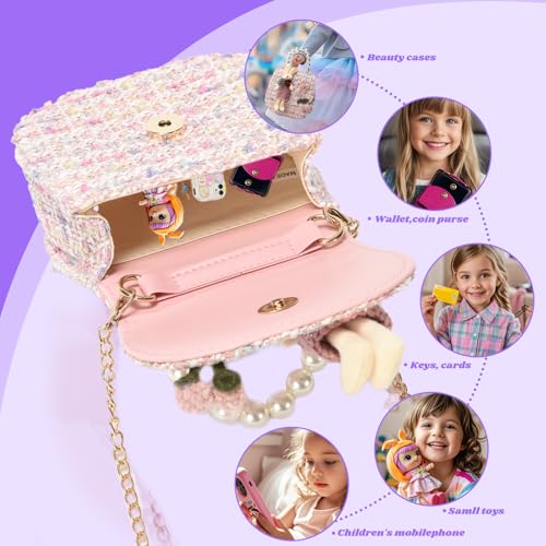 Jtao-Tec Girls Princess Purses Cute Toddler Crossbody Bag Handbag With Pearl Handle Shoulder Chain Bag (Silver-Pink(Rabbit)) #TOP9
