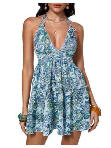 Image of SOLY HUX Women's Summer Boho Paisley Print Halter Dress Deep V Neck Tie Backless Sleeveless Mini Dresses Sundress