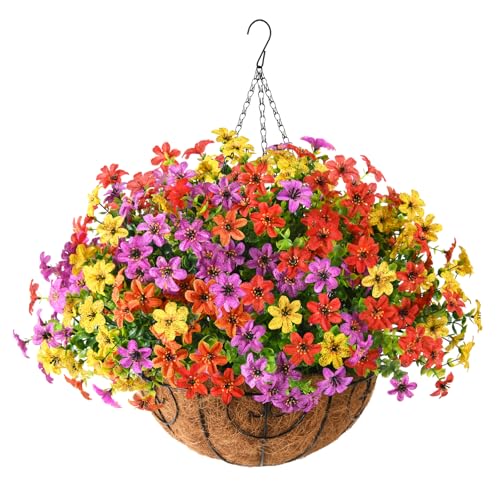 INQCMY Artificial Faux Hanging Flowers Plants Basket for Outdoor Spring DecorationFake Silk Colorful Daisy in Planter UV Resistant Realistic for Outside Home Porch Patio Yard Balcony Decor