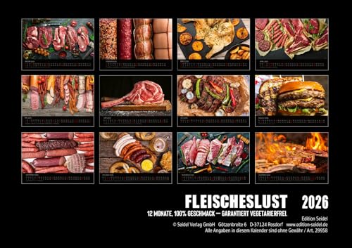 Edition Seidel Premium Kalender Fleischeslust 2026 Format DIN A3 Wandkalender Fleisch Lust Steak Wurst Hamburger garantiert vegetarierfrei