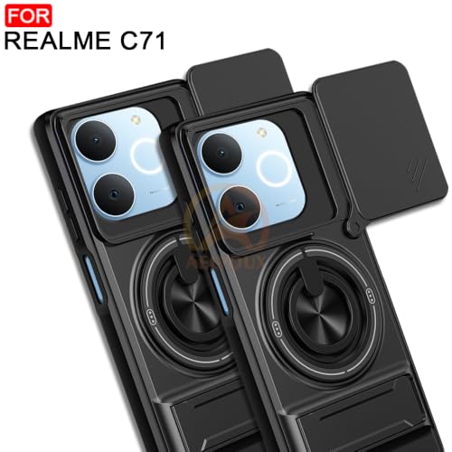 Image of Realme C71 Back Cover | Armor Camera Slider 360 Degree Rotating Finger Ring Holder Case with Bracket Stand Back Case Cover (Compatible with MagSafe Accessories) (Black)