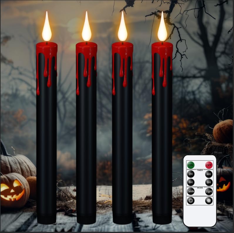 Image of Halloween Black Flameless Taper Candles with Remote Timer, 4 Pcs Red Drip Wax LED Candlesticks with 3D Flickering Flame for Home Fall Indoor Halloween Decor(0.78 x 8.9 Inches)