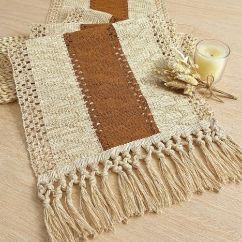 Image of FEXIA Boho Table Runner 60 Inches Long Macrame Summer Decor Coffee Table Cover Farmhouse Stylewith Tassels for Party Bohemian Rustic Wedding Bridal Shower Dining Room Middle Brown (12x60 Inches)