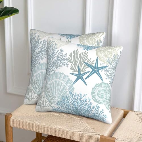 Tebjh Nautical Coastal Beach Pillow Covers 18x18 Set of 2, Ocean Themed Seashell Coral Starfish Throw Pillow Covers Outdoor Decorative Pillow Case for Couch Bed Sofa Cushion Home Decor - Image 6