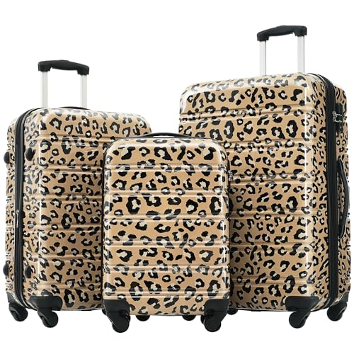 Hardshell 3-Piece Luggage Set for Stylish Travel, Lightweight Spinner Suitcases, Brown Leopard Pattern, 20