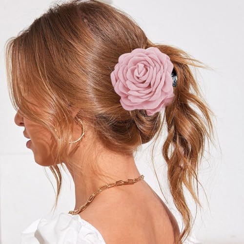 Image of PALAY 2Pcs Rose Hair Claws Clips for Women 3.5 Inch Flower Claw Clips Summer Hawaii Fashion Flower Hair Clips Women Hair Accessories - Pink & Red