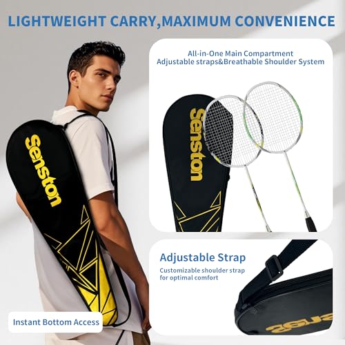 Image of Senston 2 Badminton Rackets with Carry Bag | Lightweight Graphite for Adults & Teens | Includes 2 Shuttlecocks & 2 Grips | Perfect for Family, Beginners & Outdoor Games (Black+Green)