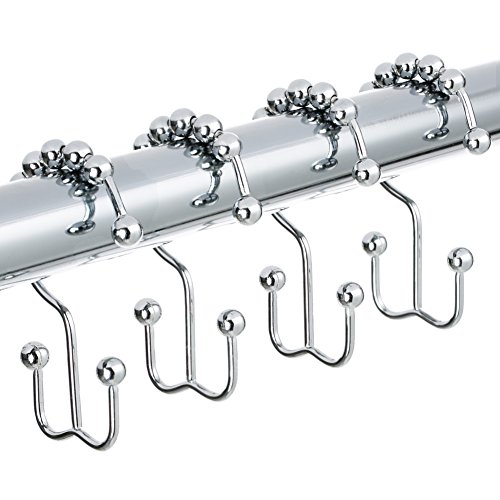 TENOVEL 2-Piece Bathroom Shower Sets: Stainless Steel 50”-72” Adjustable Curved Shower Rod with Double Glide Shower Curtain Hooks/Rings-Polished Chrome.