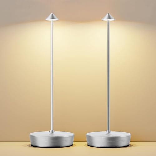 YHT Cordless Rechargeable Table Lamp, 6000mAh Outdoor Waterproof Battery Operated Table Light LED Touch Dimmable Desk Lamps for Patio Dining Restaurant Home Living Room Set of 2 Silver