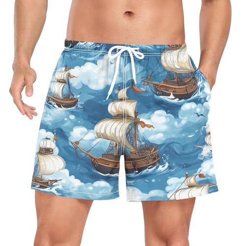 Funny Pirate Ship Men's Swim Trunks with Liner Quick Dry Beach Shorts Swimwear Bathing Suit S-XXL