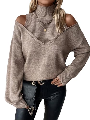 MakeMeChic Women's Cold Shoulder High Neck Long Sleeve Pullovers Ribbed Knit Sweater