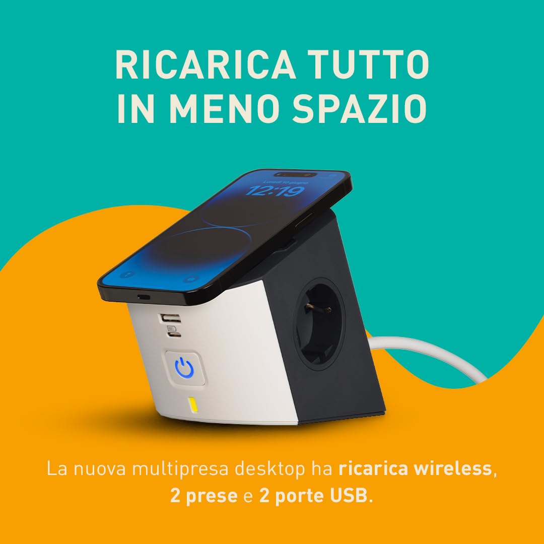 BTICINO Regleta Desktop S3714DBUW, regleta eléctrica de 5 plazas, Cargador inalámbrico 15 W, Tomas USB A+C, 2 Tomas Schuko, regleta eléctrica con Interruptor y LED, Enchufe pequeño 10 A, Cable 2