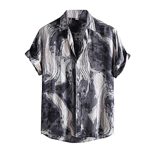 RIZI Hawaiian Flower Shirt Mens Summer Clothes Men's Standard-Fit Short-Sleeve Printed Poplin Shirt Men's Tropical Hawaiian Shirt Linen Cotton Shirt Casual Button Down Short Sleeve Shirt,Red,Large