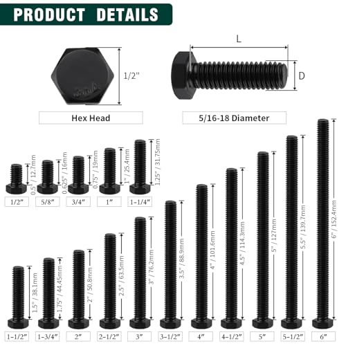 Image of 5 /16-18 x 1-3 /4 inch Hex Head Bolts Black, 304 Stainless Steel 18-8 Hexagon Head Screws Bolts, Black Oxide Finish, Allen Hex Drive, 10 PCS