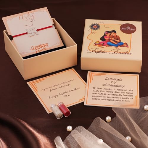 Image of Silver Chest 925 Pure Silver Rakhi for Brother | Rakhi Set with Roli & Card | Includes roli tilak, greeting card & authenticity certificate in a gift box. Also worn for Puja, Diwali, Bhai Dooj