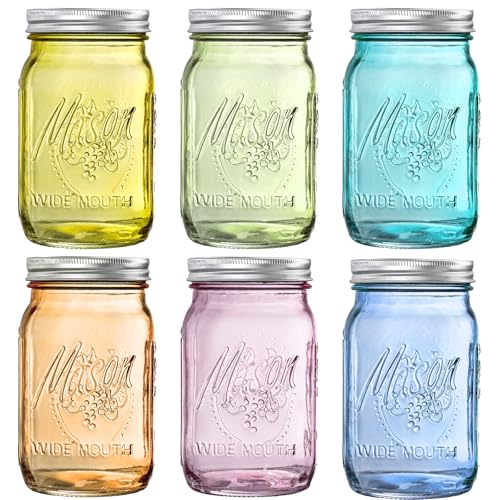 WELLIFE 32 Oz Mason Jars-6PCS Colored Mason Jars with Lids.Safe for Storage Quart Mason Jars Wide Mouth.Pickling Preserving Fermenting DIY Crafts & Decor