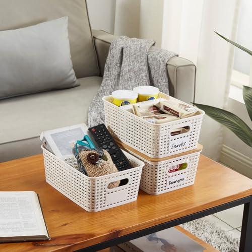Sagittar 6er-Set Aufbewahrungsbox mit Bambus Deckel, Imitierter Rattan Kunststoff Aufbewahrungskorb, Stapelbare Aufbewahrungsboxen, Organizer Ideal für Büro, Kleiderschrank (Weiß)