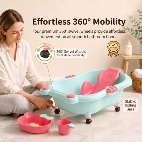 Image of StarAndDaisy AquaNest Baby Bath Tub for Newborn to 5 Years with Ergonomic Baby Bather Seat, 360 Wheels, Bathing Tray & Mug, BPA-Free Kids Bathtub with Drain Plug & Rolling Base