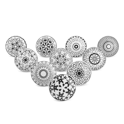 Ajuny Lot de 10 Boutons de Meuble en Céramique Noir et Blanc – Poignées Imprimées Fait Main pour Armoires de Cuisine, Placards de Salle de Bain, Tiroirs &...